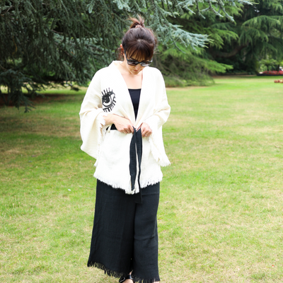 Natural Cotton Black Evil Eyes - Short Kimono