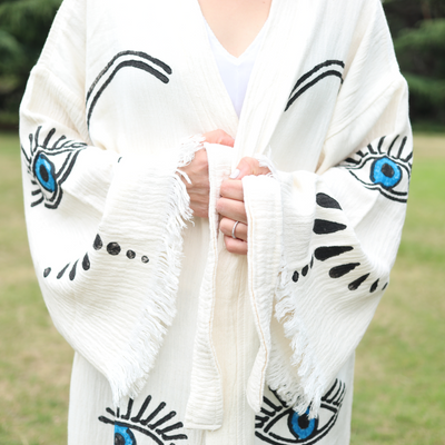 Natural Cotton Dark Blue Eyes Teardrop Kimono