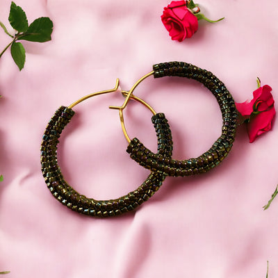 Handmade Gold plated Black Miyuki beaded dangle drop hoop earrings