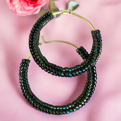 Handmade Gold plated Black Miyuki beaded dangle drop hoop earrings