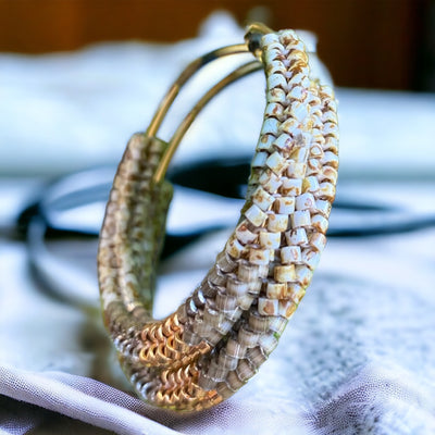 Handmade Gold plated Grey Miyuki beaded dangle drop hoop earrings