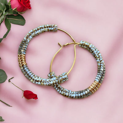 Handmade Gold plated Grey Miyuki beaded dangle drop hoop earrings