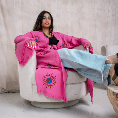 Natural Cotton Pink Kimono with blue eyes