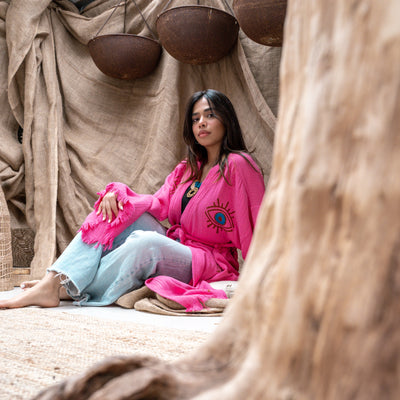 Natural Cotton Pink Kimono with blue eyes