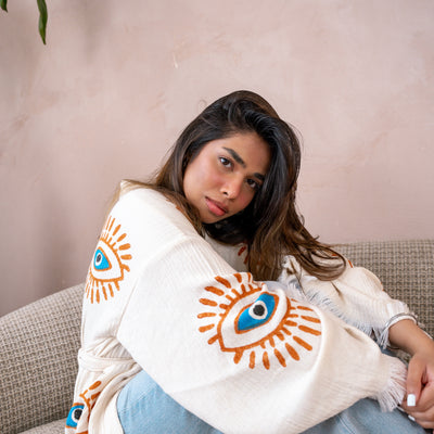 Natural cotton short kimono with dark blue orange eyes