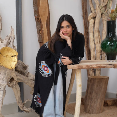 Natural Cotton Black Kimono with colourful eyes - NEW