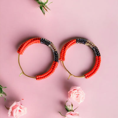 Handmade Gold plated Red Miyuki beaded dangle drop hoop earrings