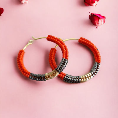 Handmade Gold plated Red Miyuki beaded dangle drop hoop earrings