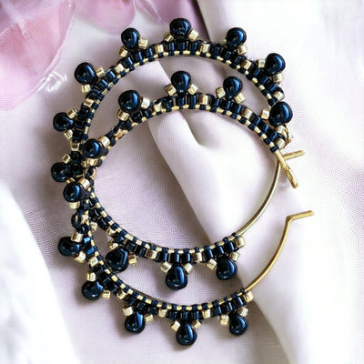 Handmade Gold plated Black little flower beaded dangle drop hoop earrings