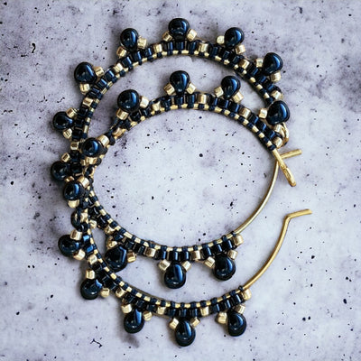 Handmade Gold plated Black little flower beaded dangle drop hoop earrings