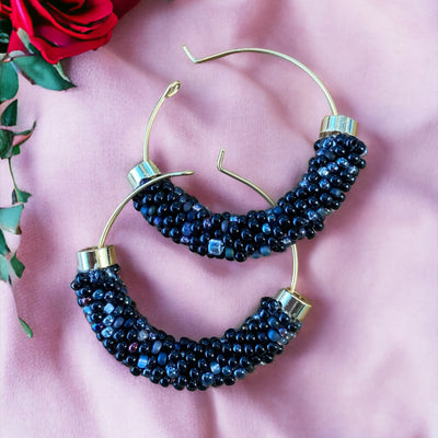 Handmade Gold plated Black full beaded dangle drop hoop earrings