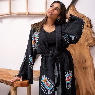 Natural Cotton Black Kimono with colourful eyes - NEW