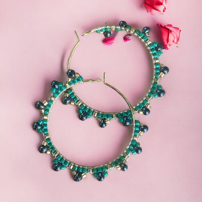 Handmade Gold plated Green little flower beaded dangle drop hoop earrings