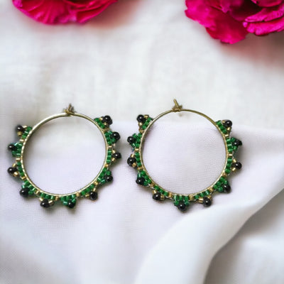 Handmade Gold plated Green little flower beaded dangle drop hoop earrings