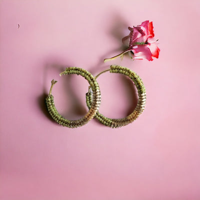Handmade Gold plated Green Miyuki beaded dangle drop hoop earrings