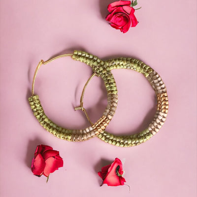 Handmade Gold plated Green Miyuki beaded dangle drop hoop earrings