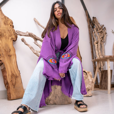 Natural Cotton Purple - Colourful Evil Eyes Kimono
