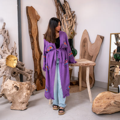 Natural Cotton Purple - Colourful Evil Eyes Kimono