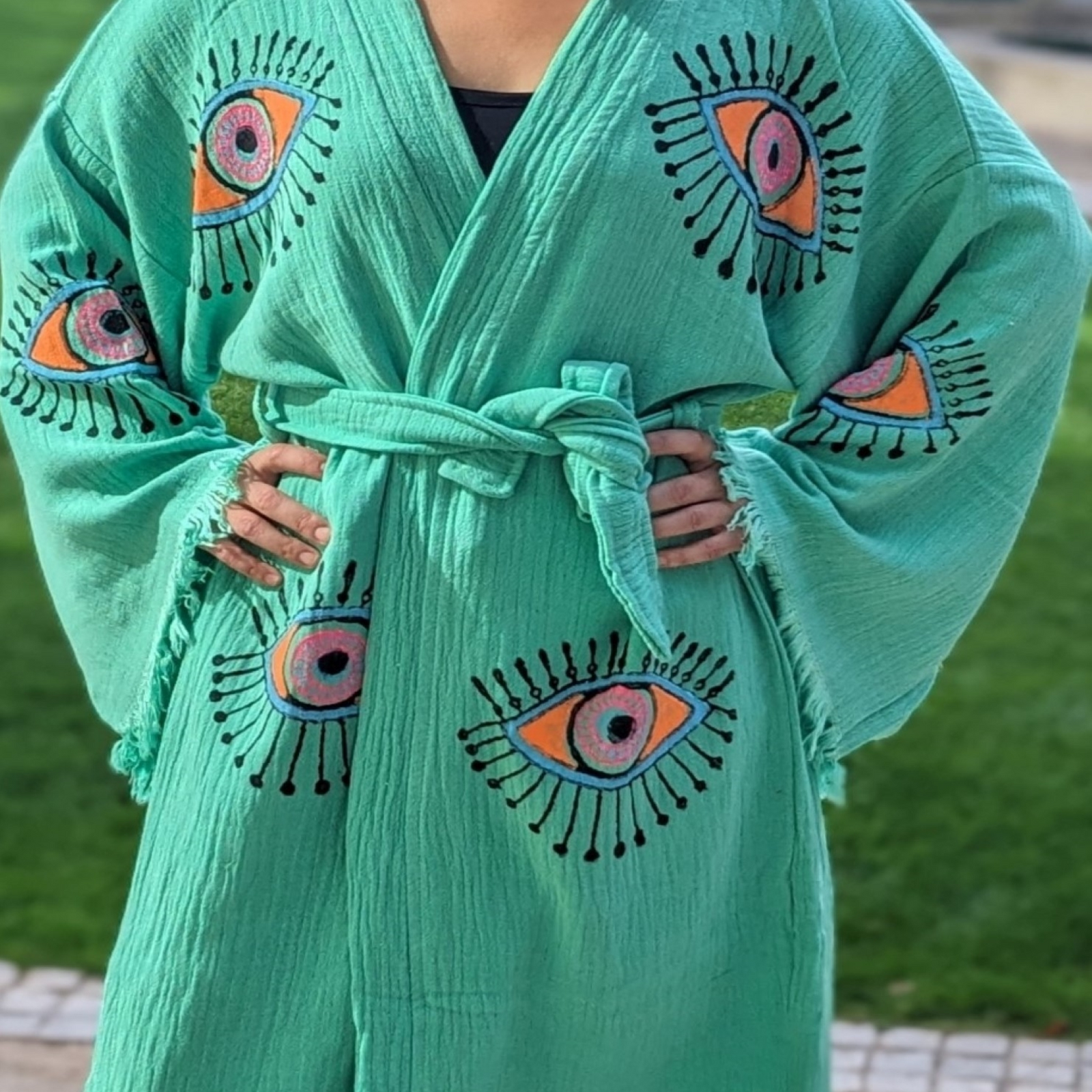 Natural Cotton Green Kimono with colourful eyes