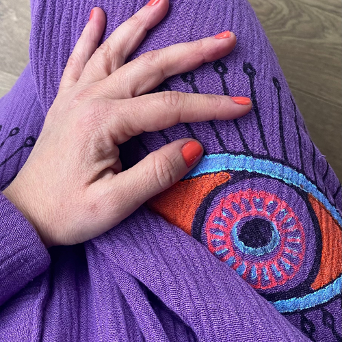 Natural Cotton Purple Kimono with colourful eyes -NEW