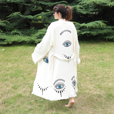 Natural Cotton Dark Blue Eyes Teardrop Kimono