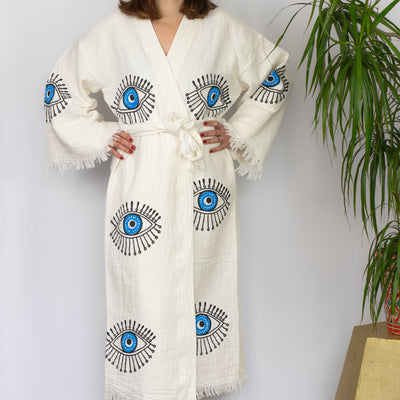 Natural Cotton Dark Blue Evil Eyes Kimono