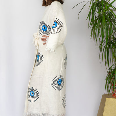 Natural Cotton Dark Blue Evil Eyes Kimono