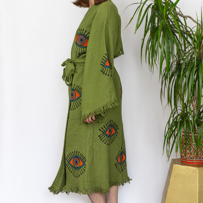 Natural Cotton Green - Evil Eyes Kimono