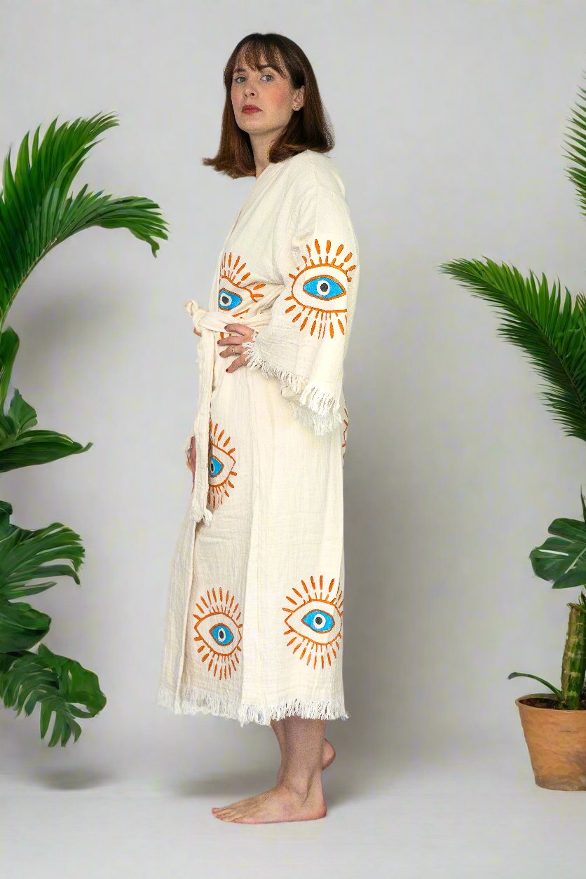 Natural Cotton Light Blue Evil Eyes Kimono