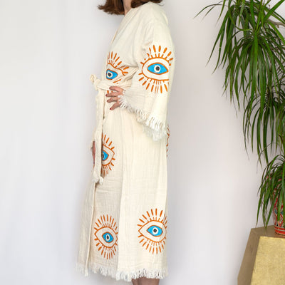 Natural Cotton Light Blue Evil Eyes Kimono