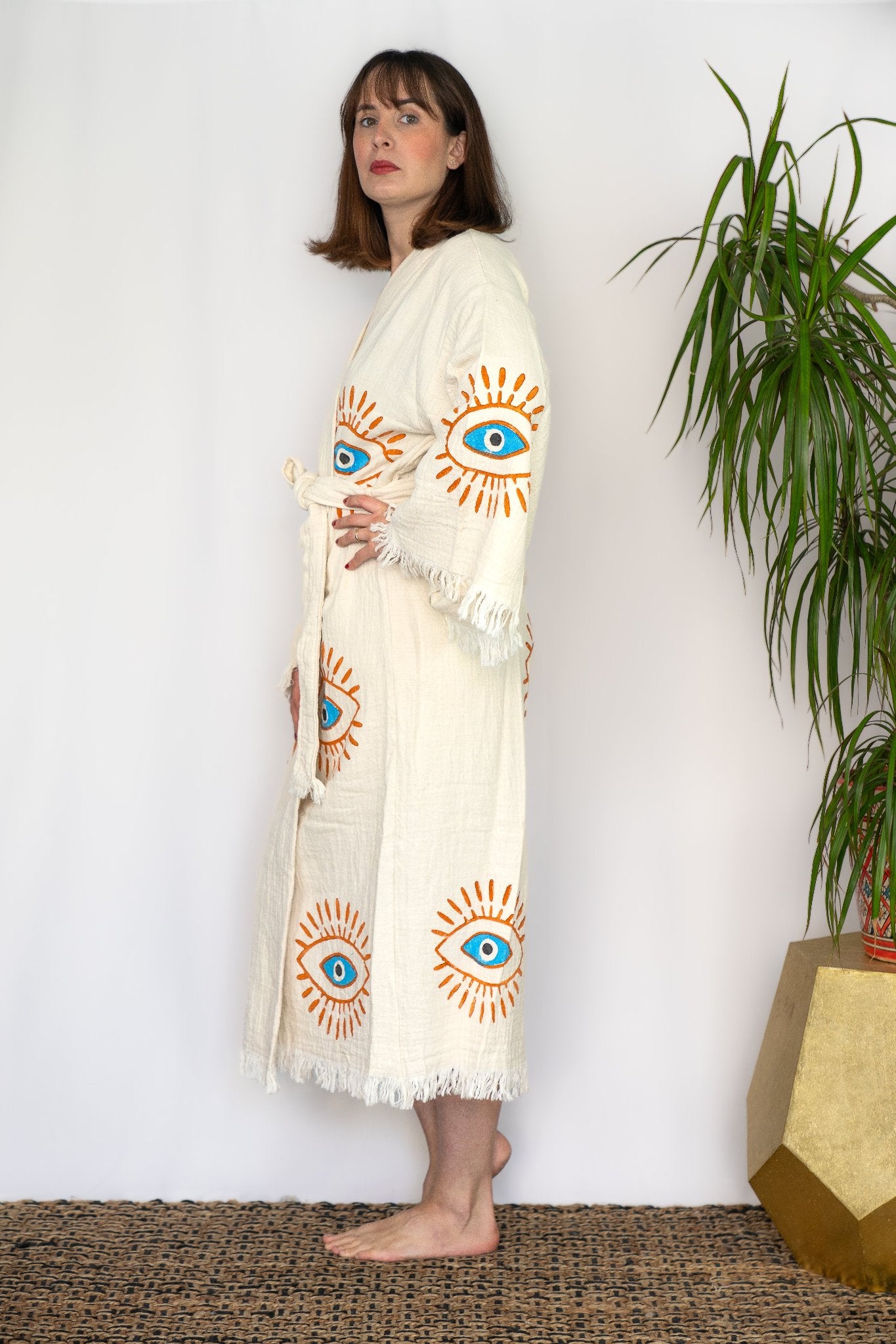 Natural Cotton Light Blue Evil Eyes Kimono