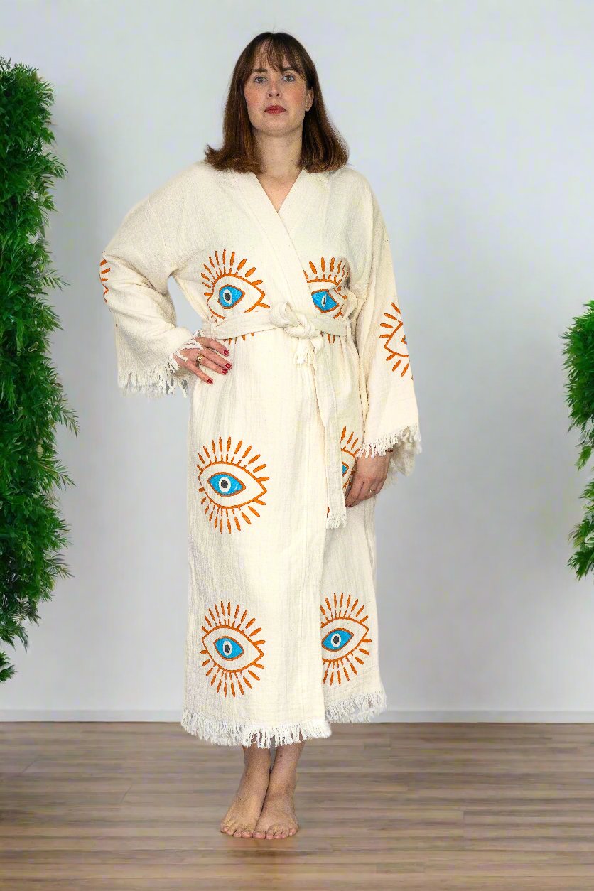 Natural Cotton Light Blue Evil Eyes Kimono