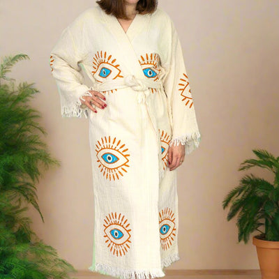 Natural Cotton Light Blue Evil Eyes Kimono