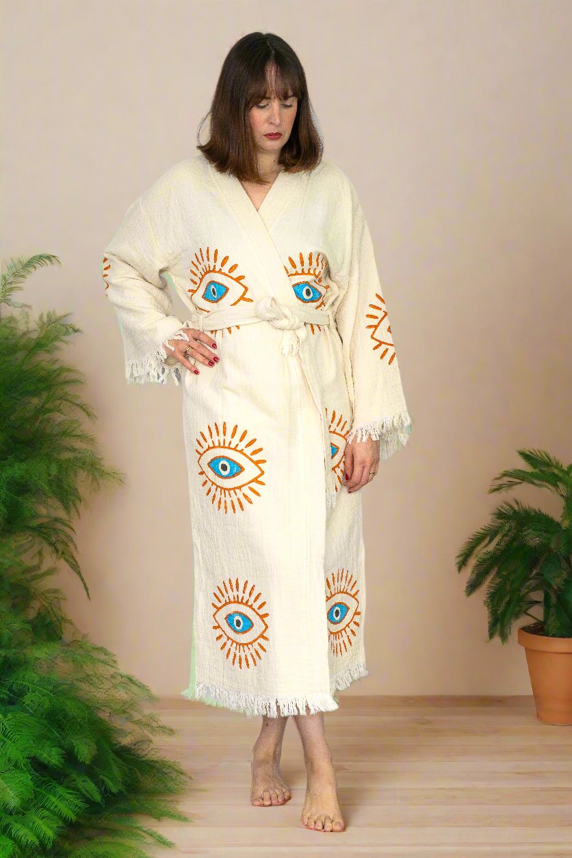 Natural Cotton Light Blue Evil Eyes Kimono