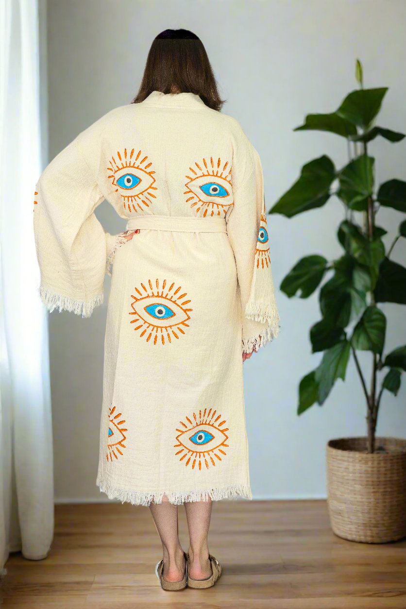 Natural Cotton Light Blue Evil Eyes Kimono