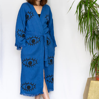 Natural Cotton Blue- Black Evil Eyes Kimono