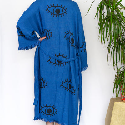 Natural Cotton Blue- Black Evil Eyes Kimono