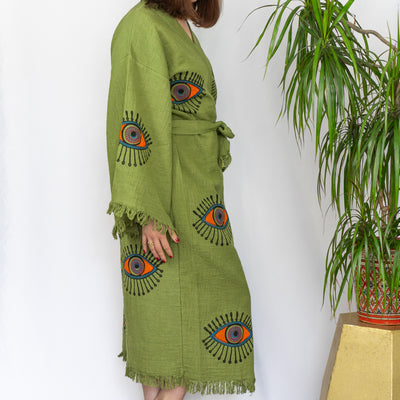 Natural Cotton Green - Evil Eyes Kimono