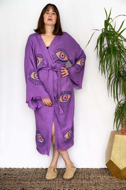 Natural Cotton Purple - Colourful Evil Eyes Kimono