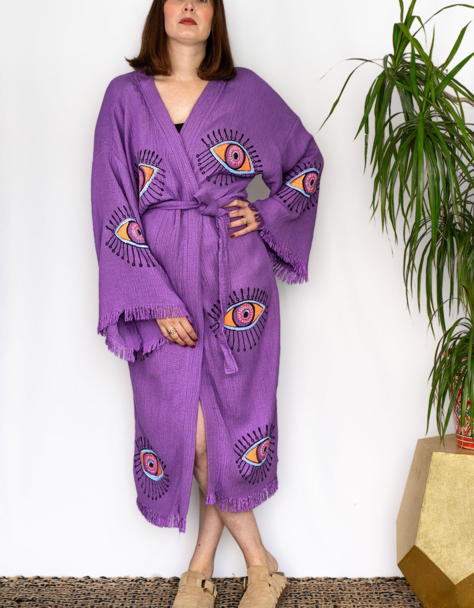 Natural Cotton Purple - Colourful Evil Eyes Kimono