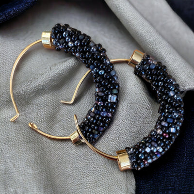 Handmade Gold plated Black full beaded dangle drop hoop earrings