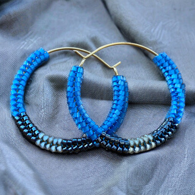 Handmade Gold plated Blue Miyuki beaded dangle drop hoop earrings
