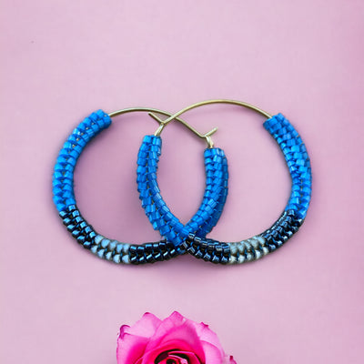 Handmade Gold plated Blue Miyuki beaded dangle drop hoop earrings