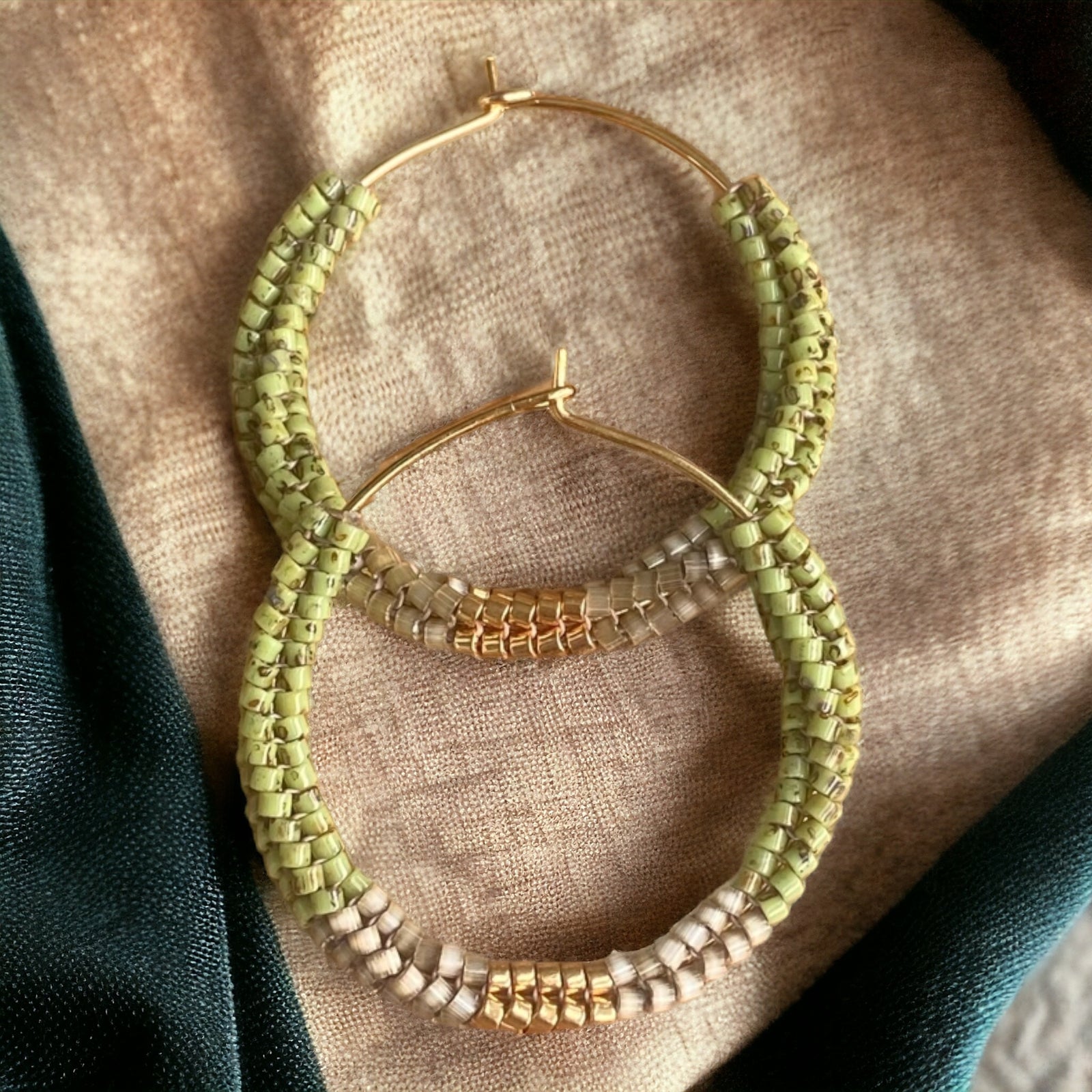Handmade Gold plated Green Miyuki beaded dangle drop hoop earrings