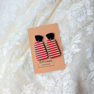Handmade wooden statement red and white stripy dangle drop earrings